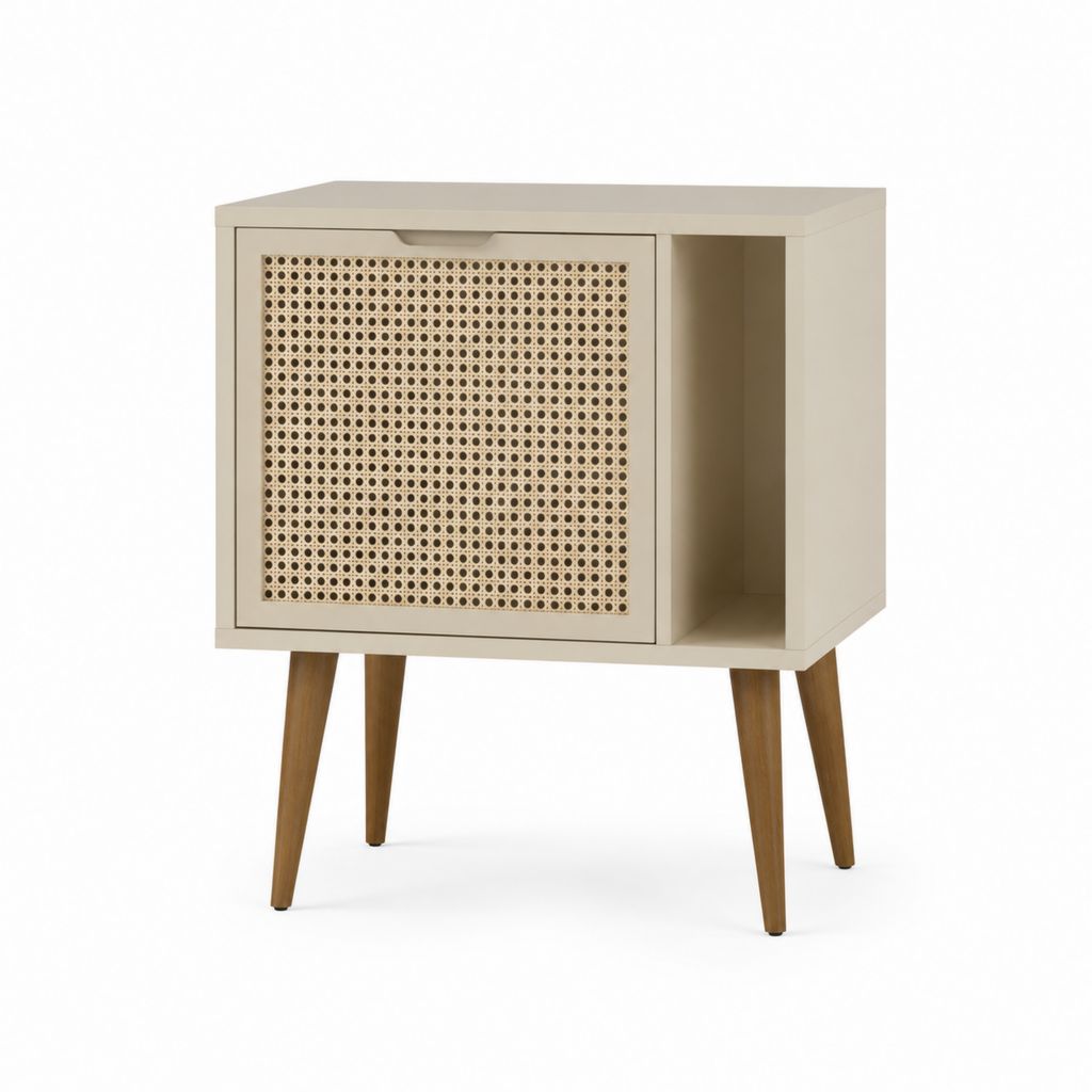 Nachttisch mit Tür und Seitenfach Creme Rattan MDF Gummibaumholz 50 x 40 x 60 cm