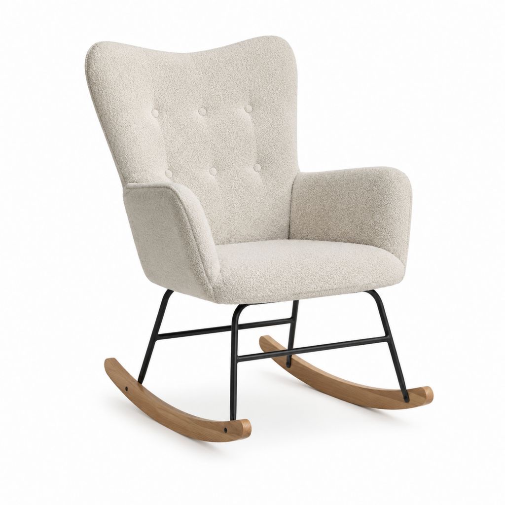 Schaukelstuhl Ohrensessel Creme Bouclé-Polyester Stahl und Buche 68 x 86 x 104 cm