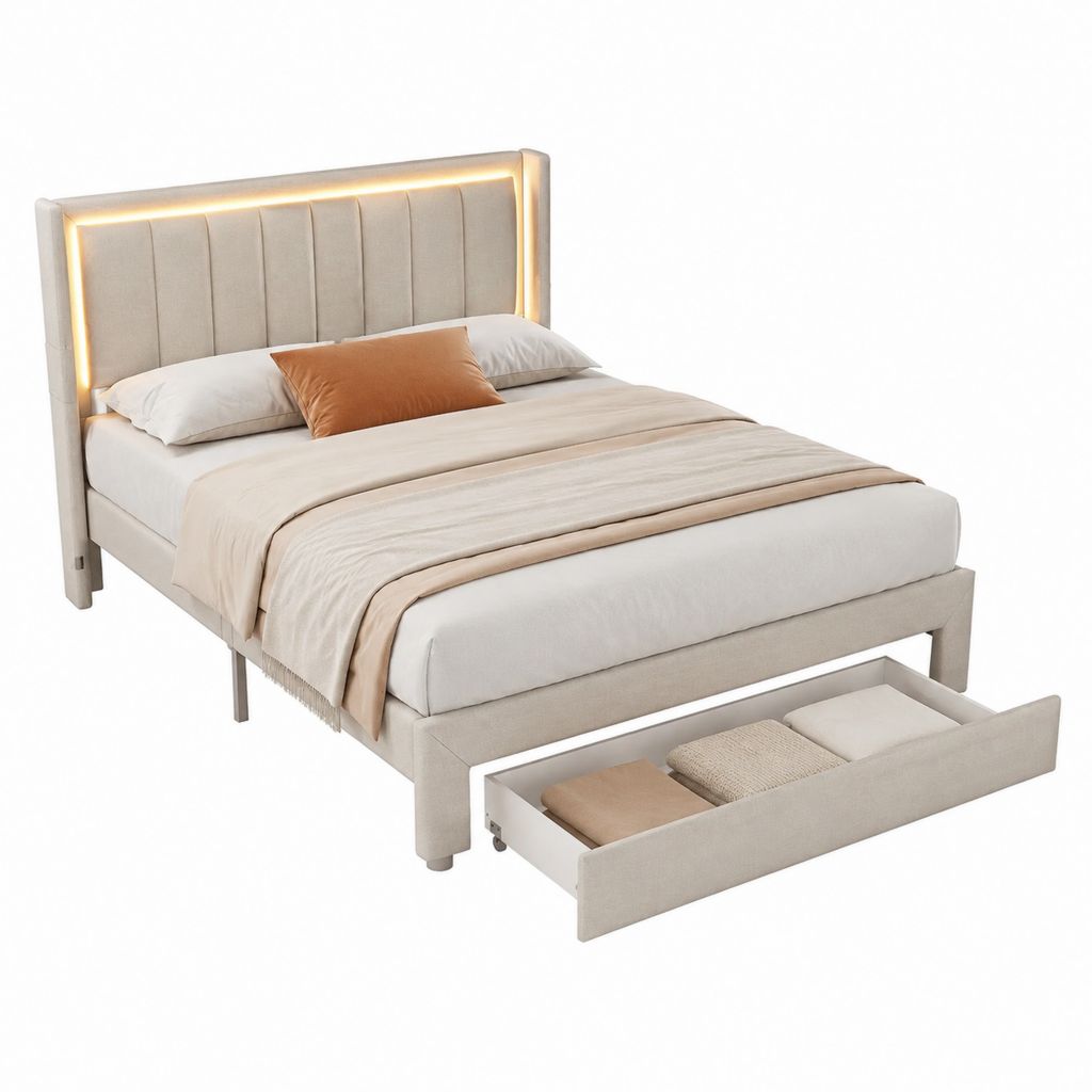 Stauraumbett Polsterbett Beige Polyester rechteckig mit LED-Kopfteil und Schublade 160 x 200 cm