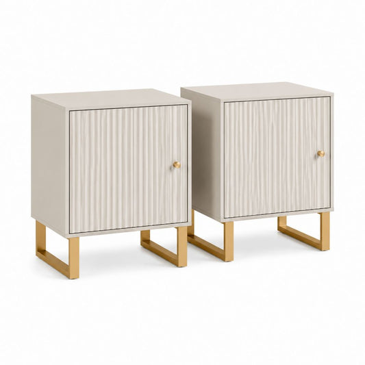 2er Set Nachttische Cremeweiß MDF rechteckig mit geriffelter Tür und Stahlgestell 40 x 35 x 60 cm