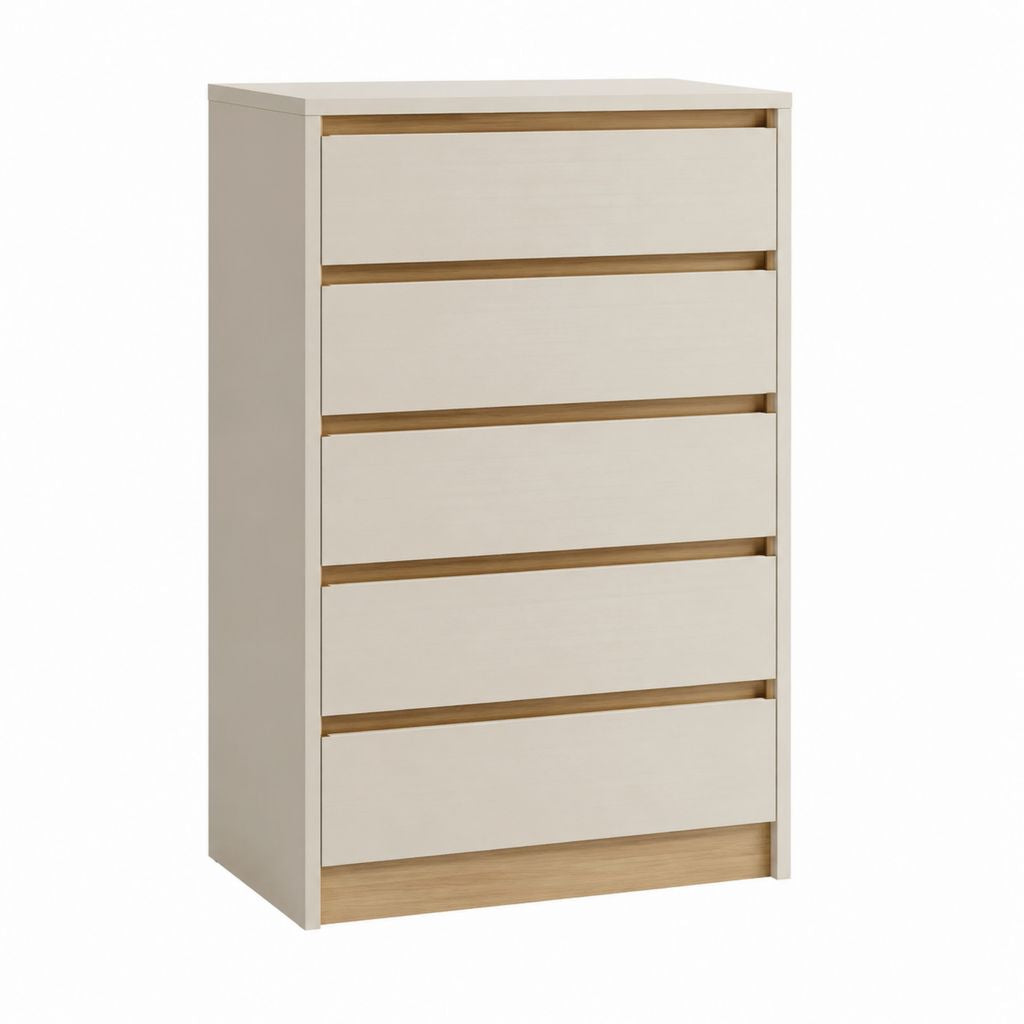 Hochkommode mit 5 Schubladen in Beige und Natur aus melaminharzbeschichteter Spanplatte 60 x 40 x 110 cm