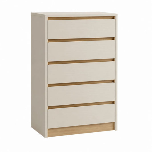 Hochkommode mit 5 Schubladen in Beige und Natur aus melaminharzbeschichteter Spanplatte 60 x 40 x 110 cm