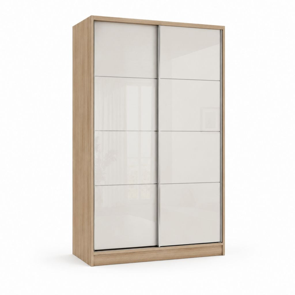 Schwebetürenschrank 2 Türen Weiß Eiche Dekor Spanplatte rechteckig 120 x 60 x 200 cm
