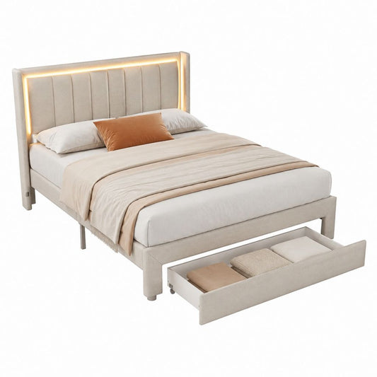 Stauraumbett Polsterbett Beige Polyester rechteckig mit LED-Kopfteil und Schublade 160 x 200 cm